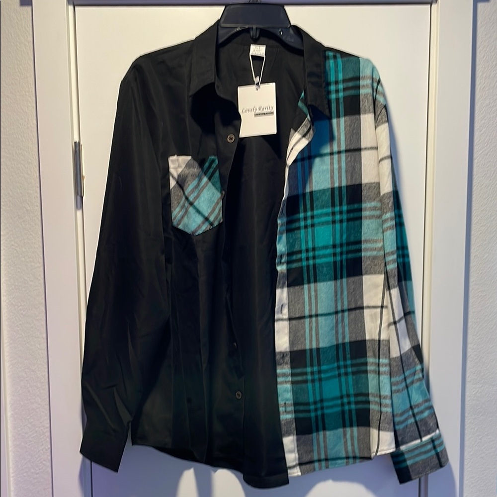 Lovely Rarity Black and Teal Plaid Shirt
